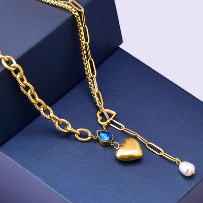 Blue Water Droplet Heart Pendant Necklace with Zircon and Pearl Tassels in Titanium Steel