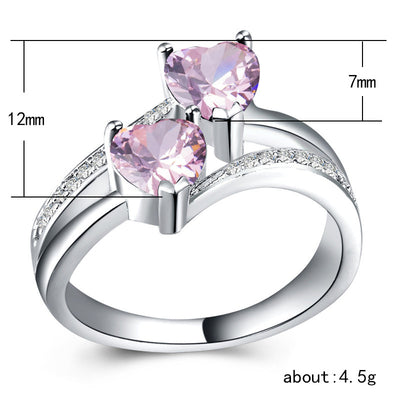 Fashion Double Heart Zircon Gemstone Platinum-Plated Copper Ring Jewelry