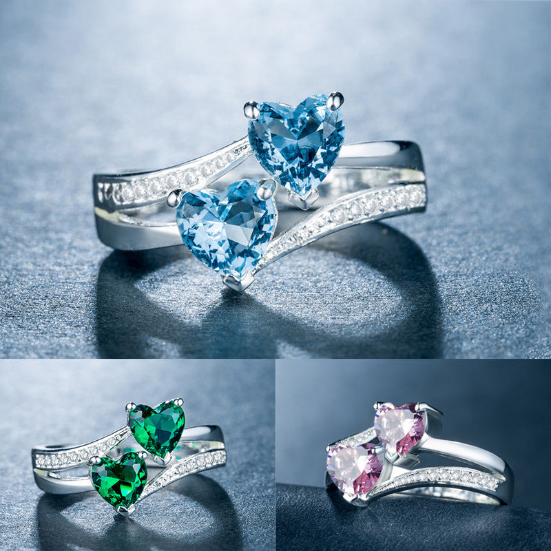 Fashion Double Heart Zircon Gemstone Platinum-Plated Copper Ring Jewelry