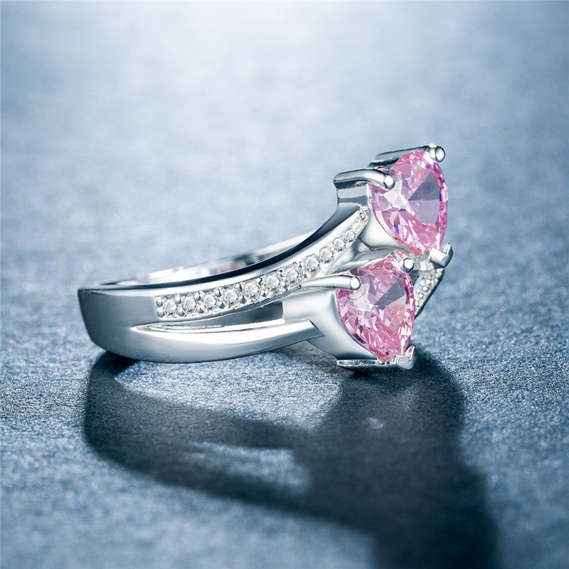 Fashion Double Heart Zircon Gemstone Platinum-Plated Copper Ring Jewelry