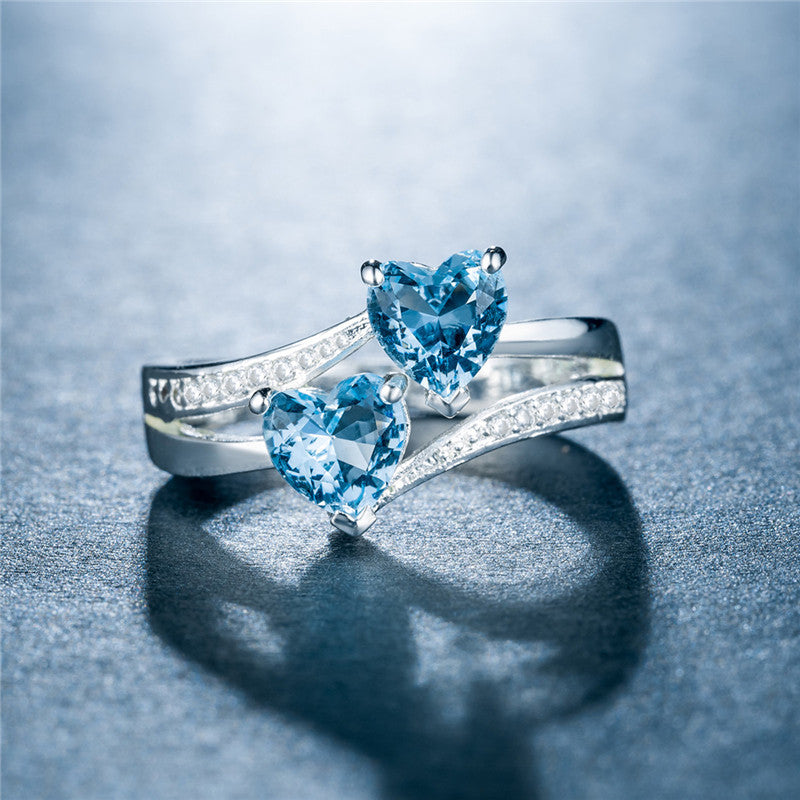 Fashion Double Heart Zircon Gemstone Platinum-Plated Copper Ring Jewelry