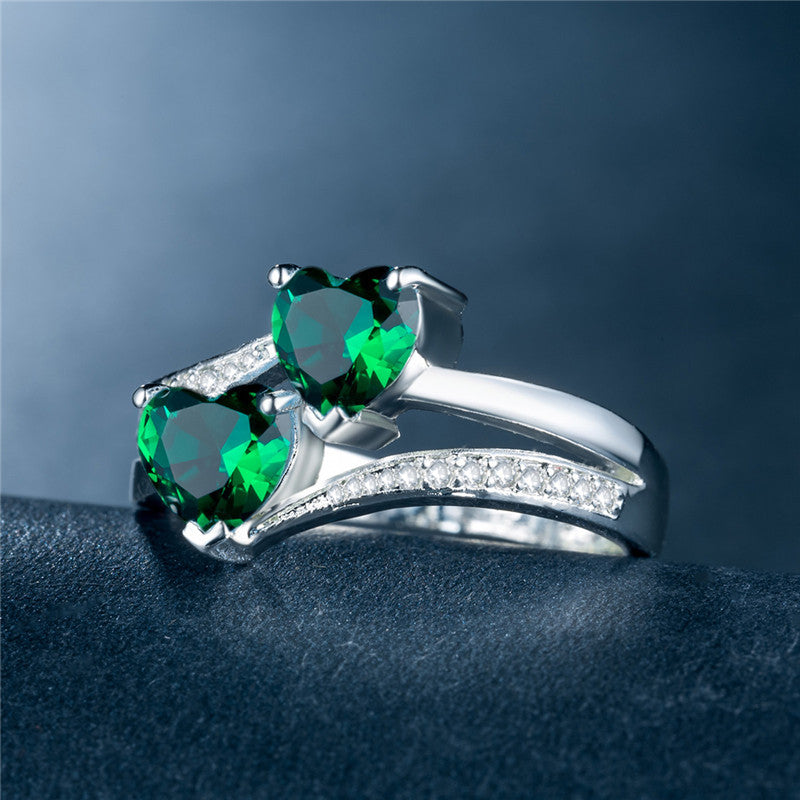 Fashion Double Heart Zircon Gemstone Platinum-Plated Copper Ring Jewelry