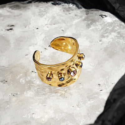 18k Gold Plated Titanium Steel Multicolor Zircon Open Band Ring