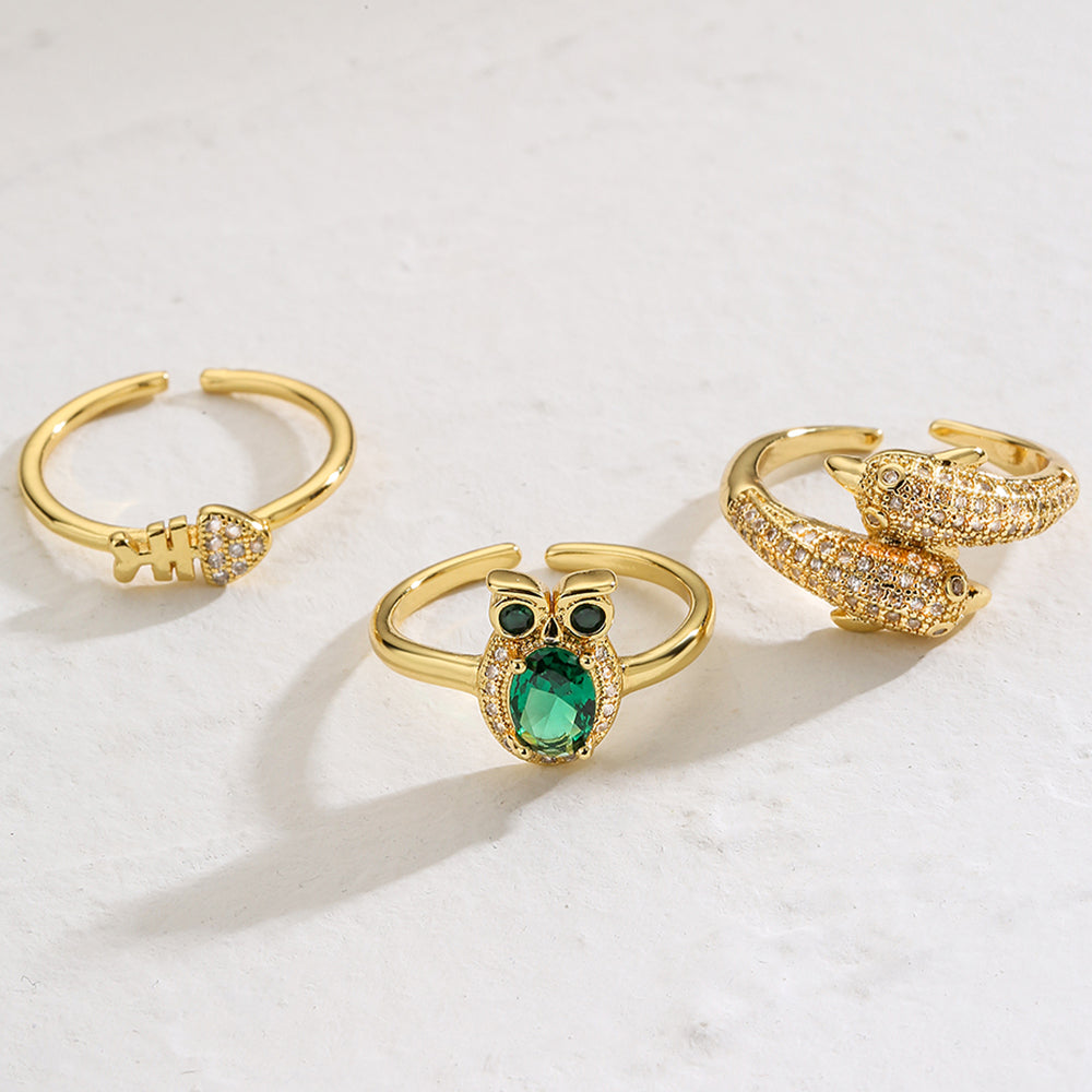 French Style 18K Gold Plated Zircon Owl Ring - Unique Animal Design