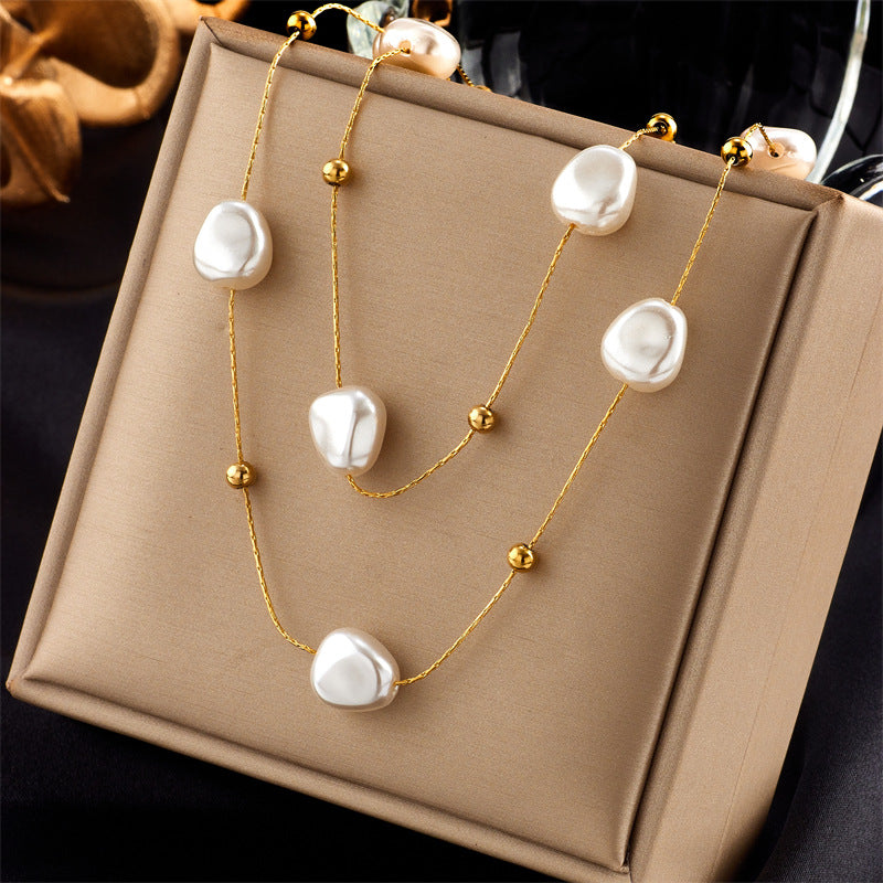 French Style Baroque Pearl Layered Titanium Steel Necklace