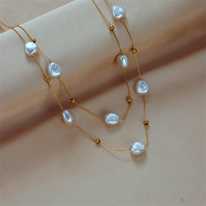 French Style Baroque Pearl Layered Titanium Steel Necklace