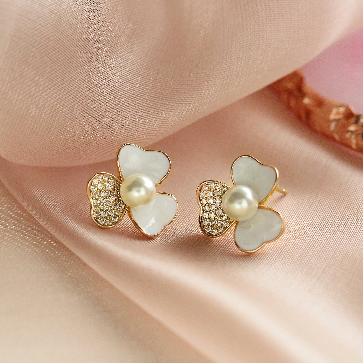 French Style Camellia Flower Rhinestone Pearl Stud Earrings
