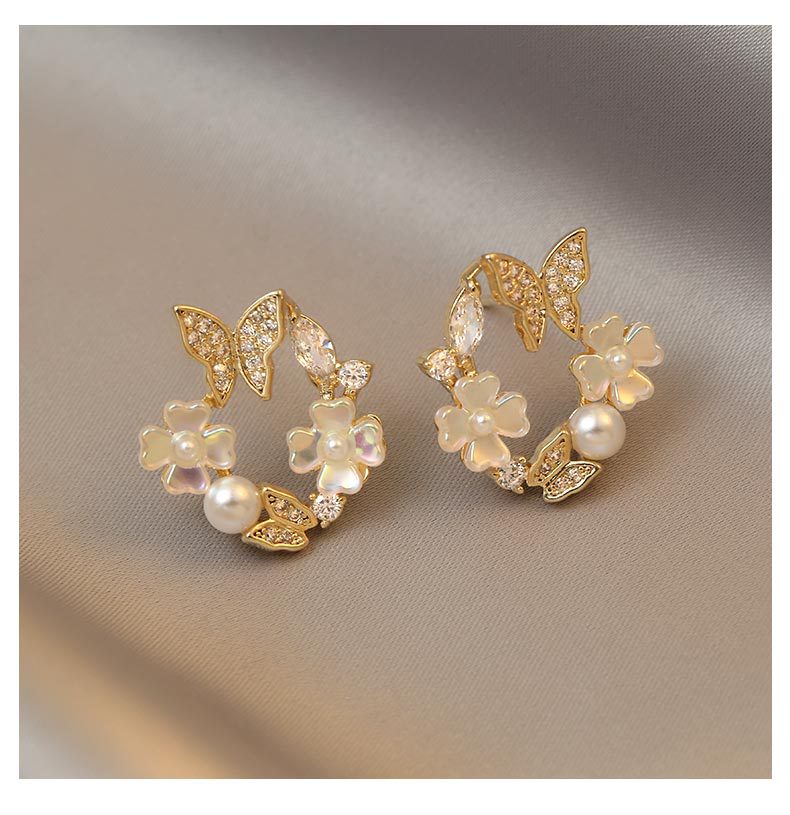 French Style Camellia Flower Rhinestone Pearl Stud Earrings