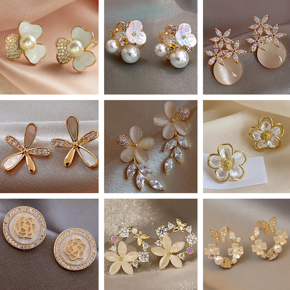 French Style Camellia Flower Rhinestone Pearl Stud Earrings