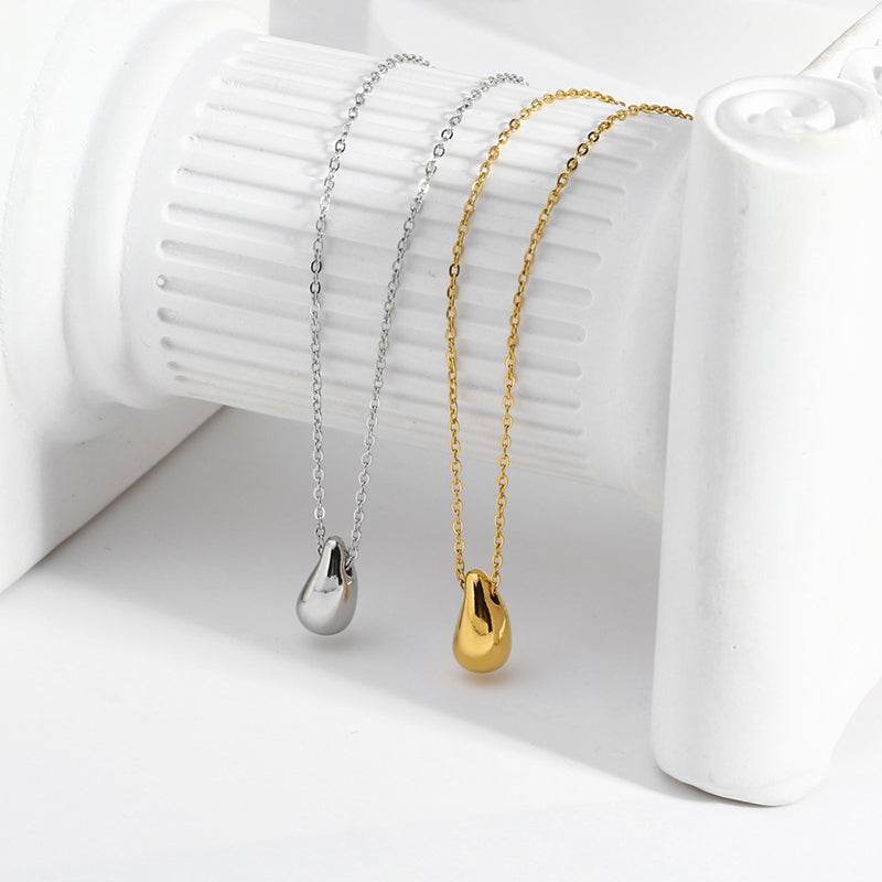 French Style 18K Gold Plated Water Droplet Pendant Necklace - Stainless Steel Titanium Design