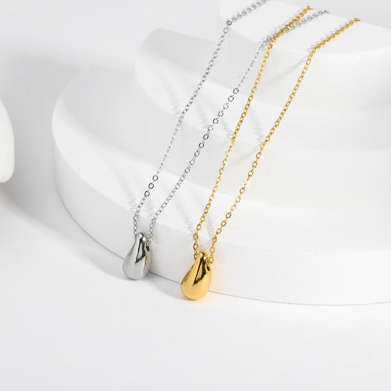 French Style 18K Gold Plated Water Droplet Pendant Necklace - Stainless Steel Titanium Design
