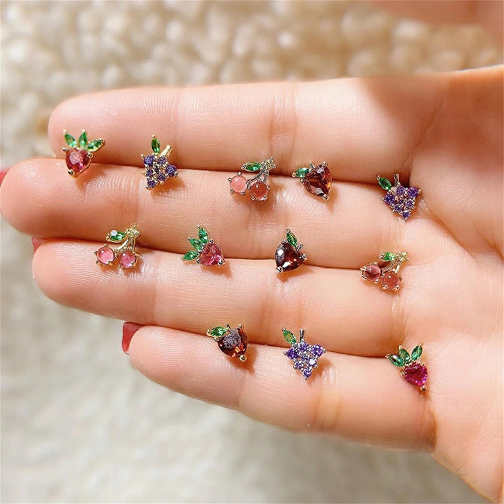 18K Gold Zirconium Fruit Earrings and Cute Fruit Rings Set