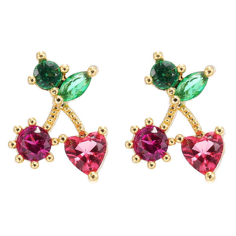 18K Gold Zirconium Fruit Earrings and Cute Fruit Rings Set
