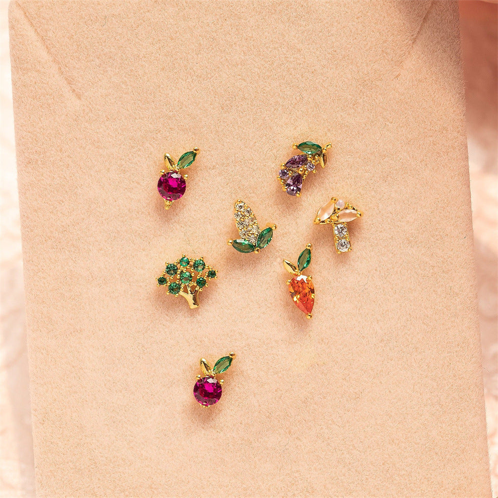 18K Gold Zirconium Fruit Earrings and Cute Fruit Rings Set