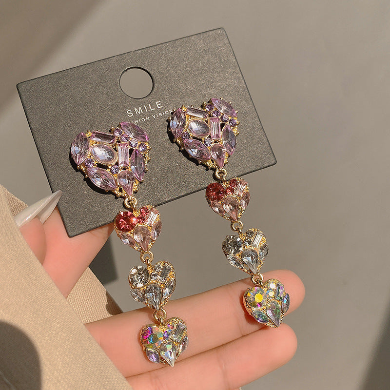 Full Diamond Purple Heart Tassel Earrings - Exaggerated Long Style Luxury Statement Jewelry