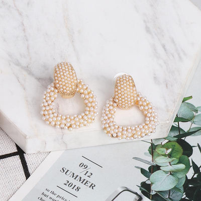 Geometric Pearl Alloy Diamond Statement Earrings