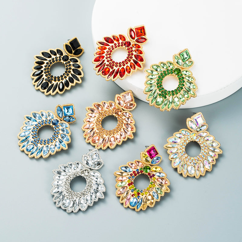 Geometric Flower Rhinestone Inlaid Pendant Earrings
