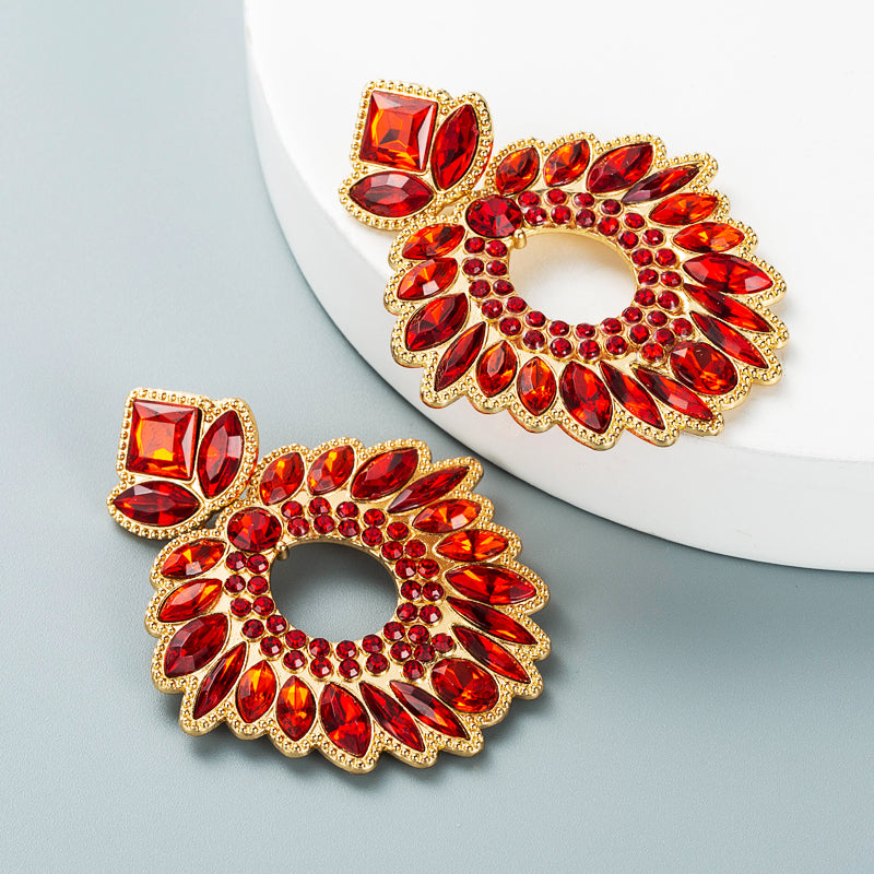 Geometric Flower Rhinestone Inlaid Pendant Earrings
