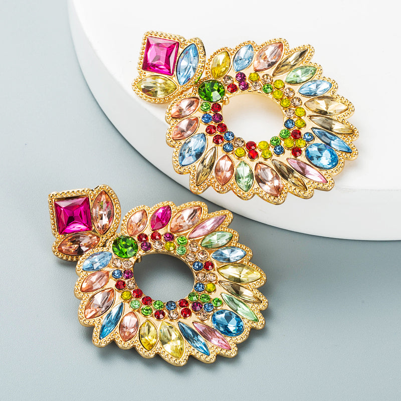 Geometric Flower Rhinestone Inlaid Pendant Earrings