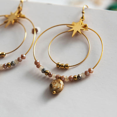 Geometric Beaded Natural Stone Star Double Circle Stainless Steel Earrings