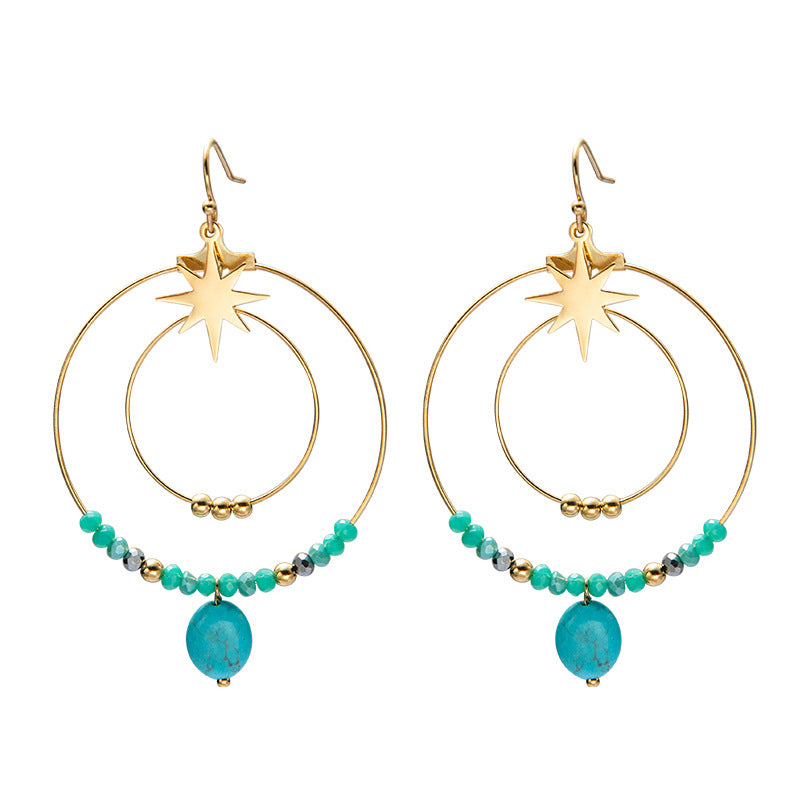 Geometric Beaded Natural Stone Star Double Circle Stainless Steel Earrings