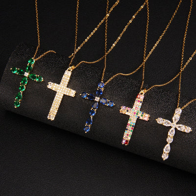Glam Zircon Cross Pendant Necklace for Women in Copper Plated Stainless Steel