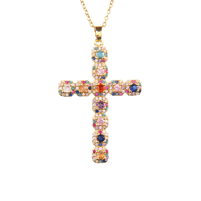 Glam Zircon Cross Pendant Necklace for Women in Copper Plated Stainless Steel