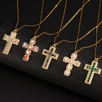 Glam Zircon Cross Pendant Necklace for Women in Copper Plated Stainless Steel