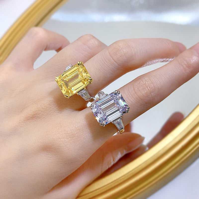 Glamorous Geometric Sterling Silver High Carbon Yellow Diamond Ring for Women