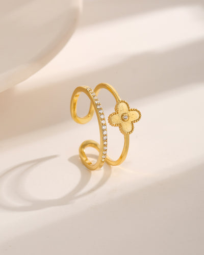 Glamorous Vintage Flower Zircon 18K Gold Plated Open Ring with Double Layer Beaded Edge Design