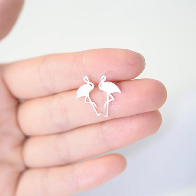 Hand-drawn Red-crowned Crane and Flamingo Alloy Plated Stud Earrings in Gold, Silver, and Rose Gold