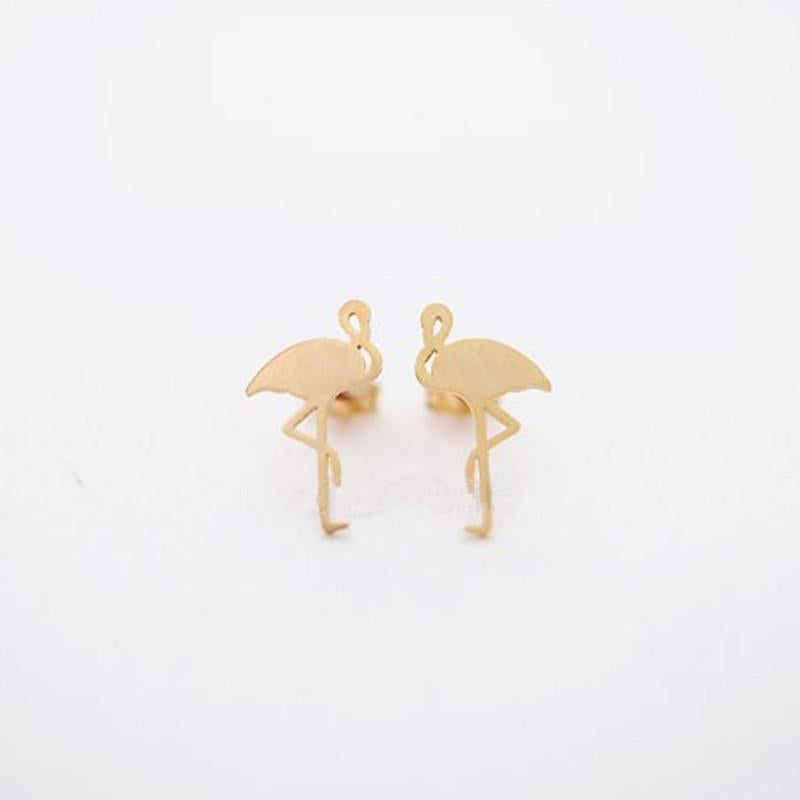 Hand-drawn Red-crowned Crane and Flamingo Alloy Plated Stud Earrings in Gold, Silver, and Rose Gold