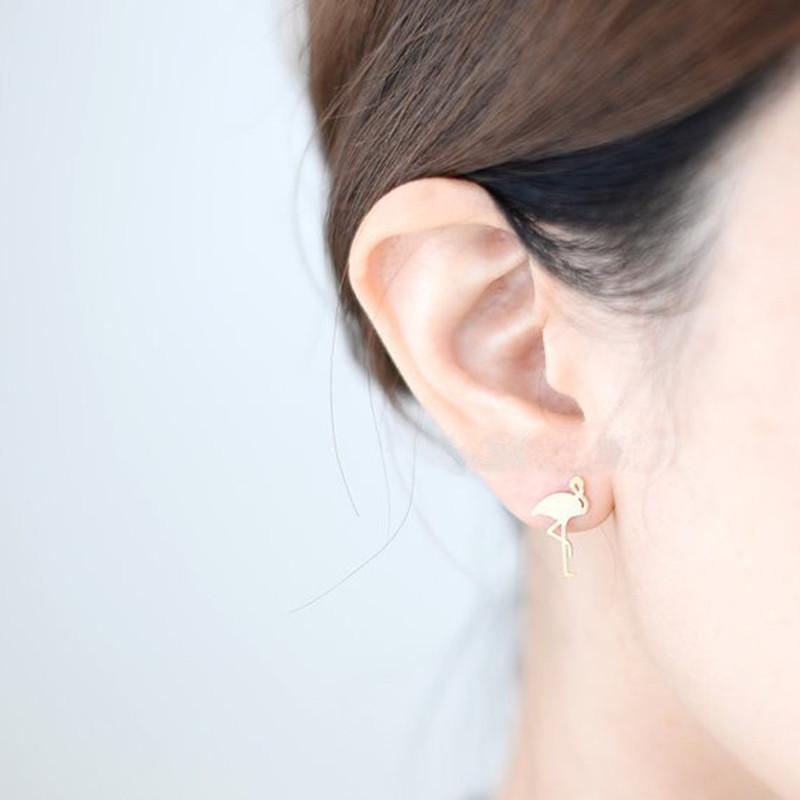 Hand-drawn Red-crowned Crane and Flamingo Alloy Plated Stud Earrings in Gold, Silver, and Rose Gold