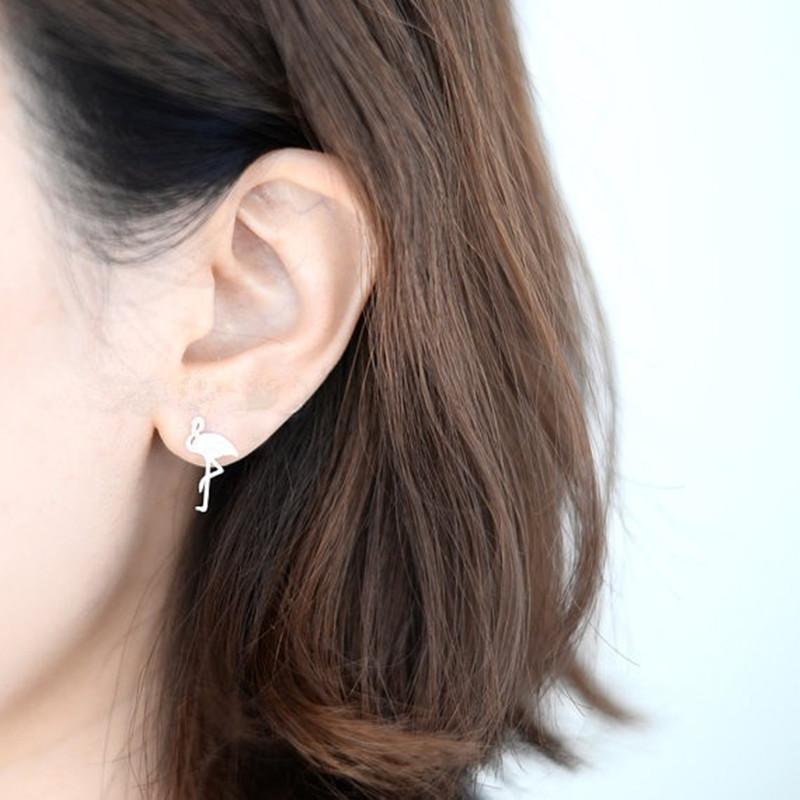 Hand-drawn Red-crowned Crane and Flamingo Alloy Plated Stud Earrings in Gold, Silver, and Rose Gold