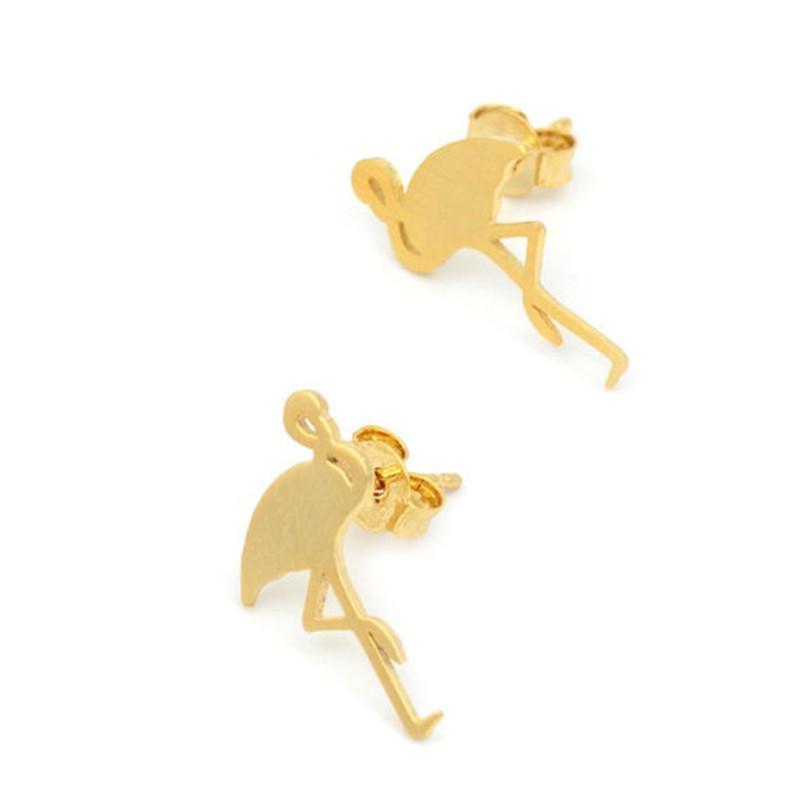 Hand-drawn Red-crowned Crane and Flamingo Alloy Plated Stud Earrings in Gold, Silver, and Rose Gold