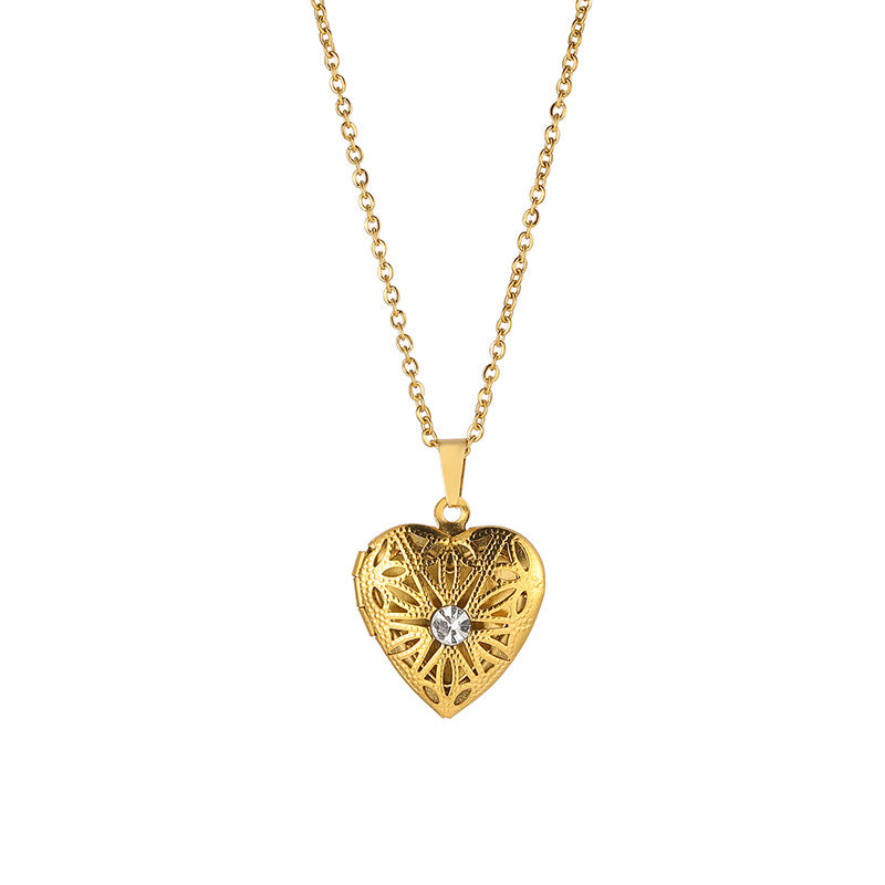 Heart-shaped Crystal Photo Locket Titanium Steel Necklace for Women