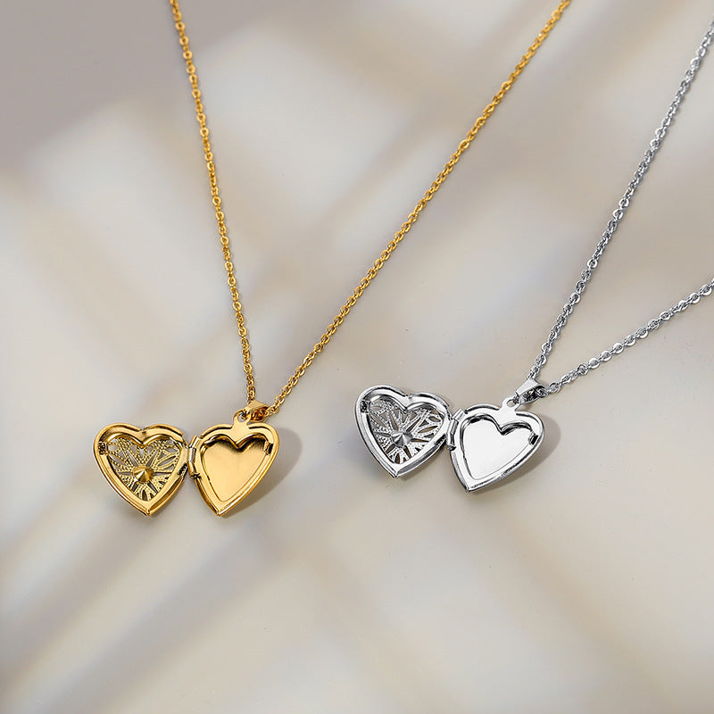 Heart-shaped Crystal Photo Locket Titanium Steel Necklace for Women