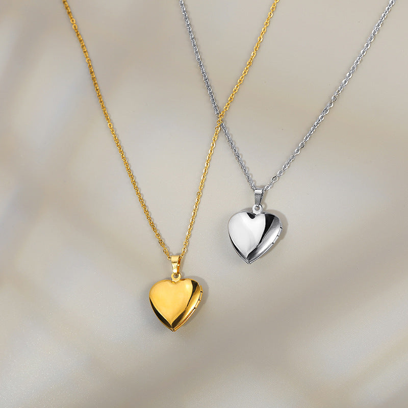 Heart-shaped Crystal Photo Locket Titanium Steel Necklace for Women