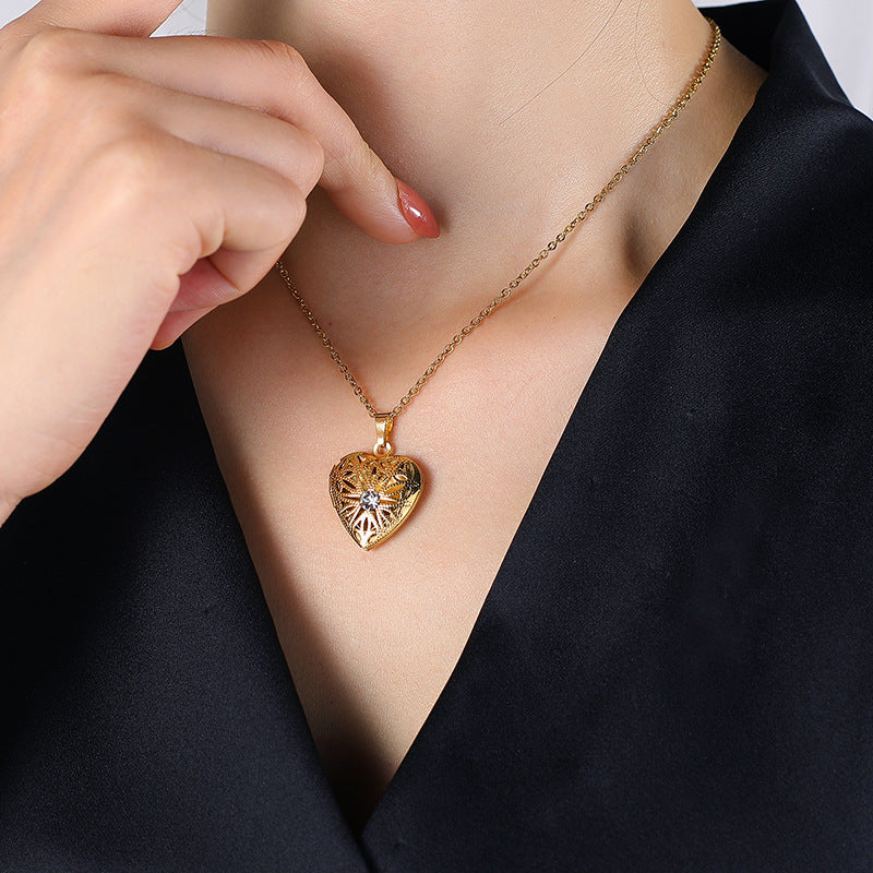 Heart-shaped Crystal Photo Locket Titanium Steel Necklace for Women