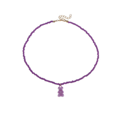 Hip Hop Bear Pendant Candy Color Beaded Necklace