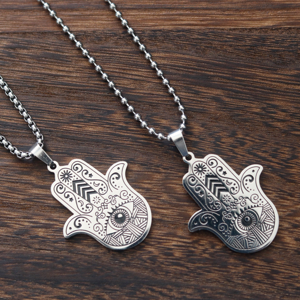 Hip-Hop Fatima Hand Stainless Steel Evil Eye Pendant Necklace