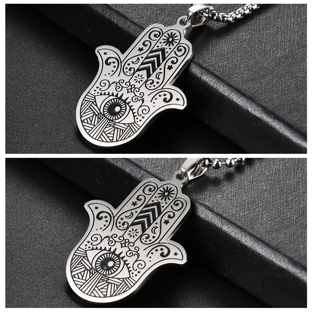 Hip-Hop Fatima Hand Stainless Steel Evil Eye Pendant Necklace