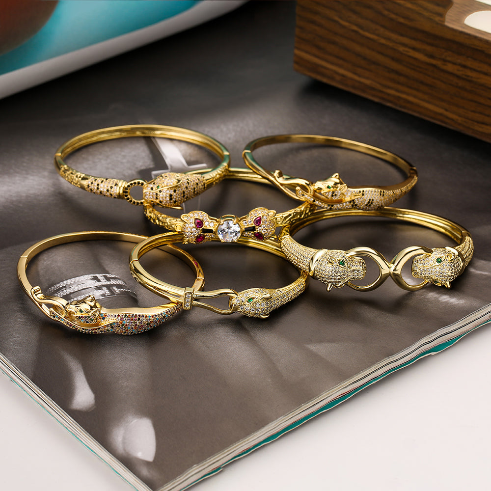 Hip-Hop Leopard Zircon 18K Gold Plated Bangle Bracelet