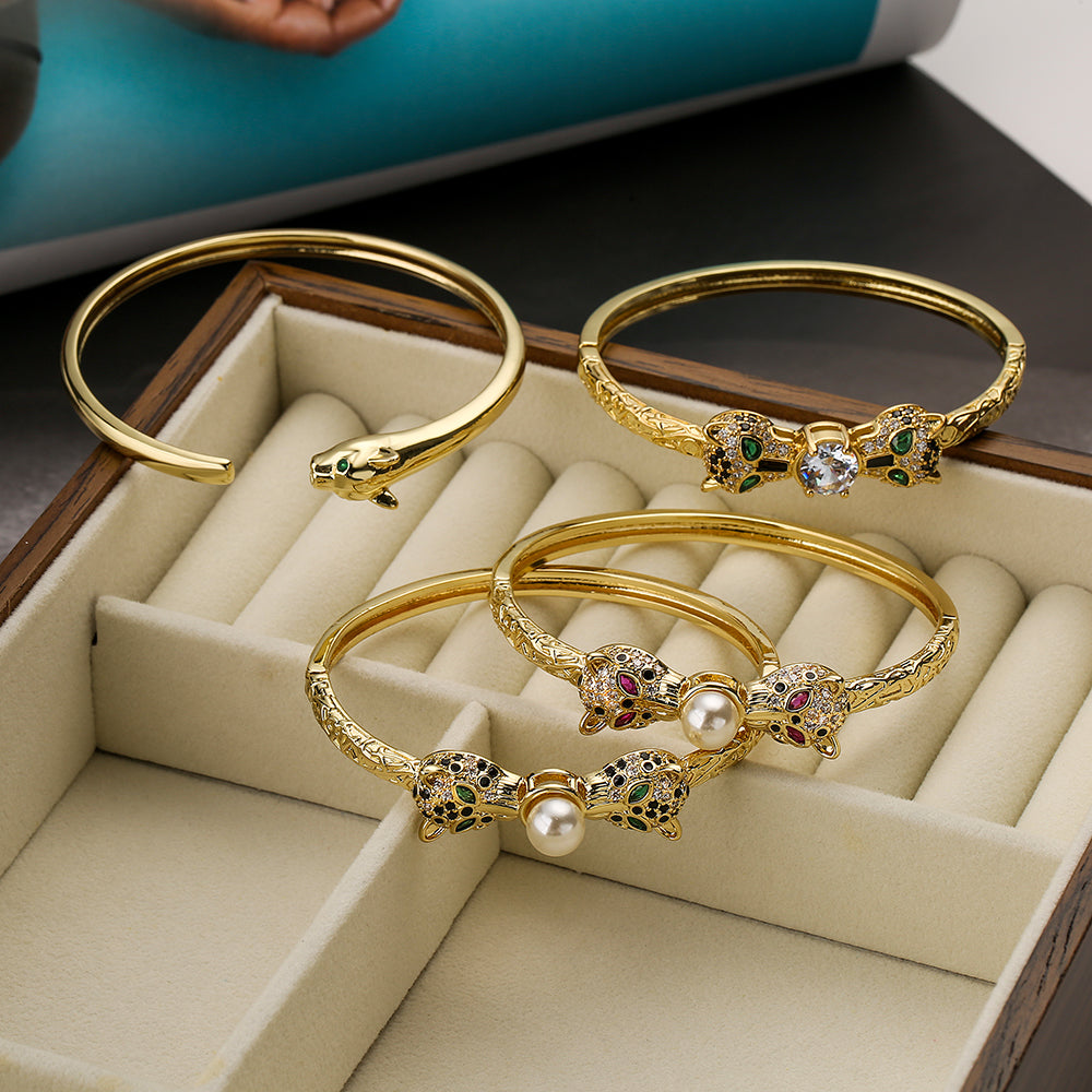 Hip-Hop Leopard Zircon 18K Gold Plated Bangle Bracelet