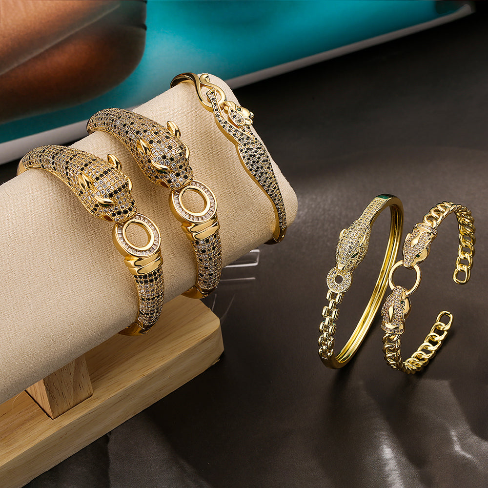 Hip-Hop Leopard Zircon 18K Gold Plated Bangle Bracelet