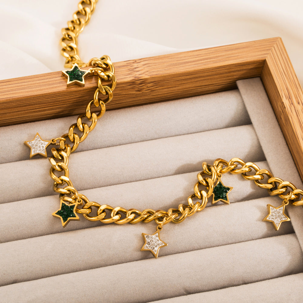 Hip-Hop Pentagram Evil Eye Gold Plated Zircon Titanium Steel Necklace