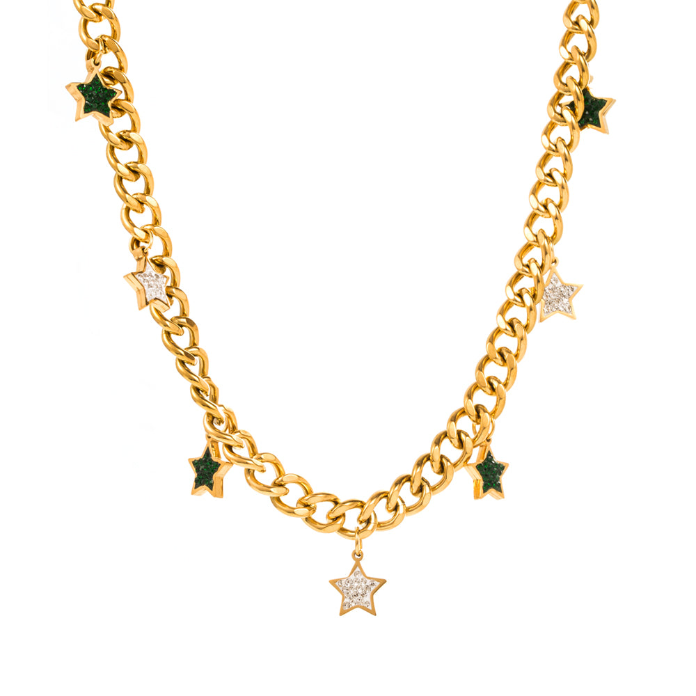 Hip-Hop Pentagram Evil Eye Gold Plated Zircon Titanium Steel Necklace