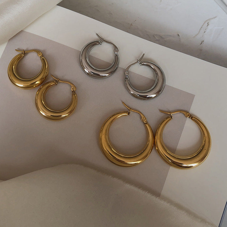 Hollow Crescent Titanium Steel & 925 Sterling Silver Teardrop Oval Earrings