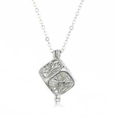 Hollow Square Life Tree Luminous Pendant Necklace with Creative Glow Cube Charm