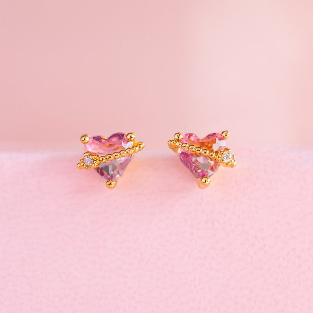 18K Gold Plated Pink Heart Stud Earrings
